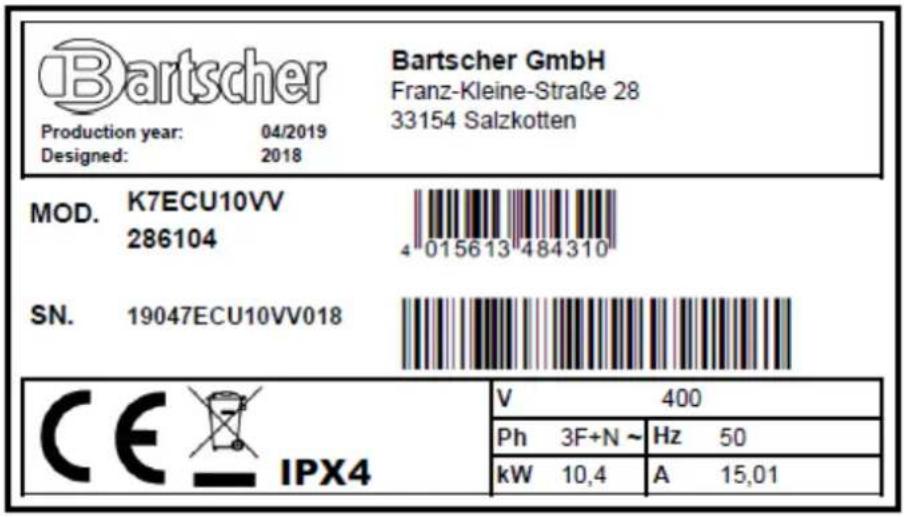 Bartscher GmbH Franz-Kleine-Straße 28 33154 Salzkotten Production year: 04/2019 Designed: 2018 MOD. K7ECU10VV 286104 SN. 19047ECU10VV018 CE IPX4 V 400 Ph 3F+N ~ Hz 50 kW 10,4 A 15,01