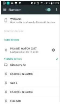 Walkamo Now visible to all nearby Bluetooth devices Scan for devices Paired devices HUAWEI WATCH 0237 Last paired on: 09-11 21:30 Available devices Discovery Z3 EA101EQ-G Control Sub 2 EA101EQ-G Control Elac S10