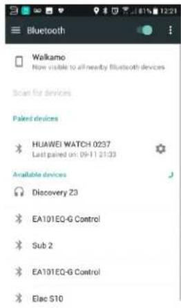 Walkamo Now visible to all nearby Bluetooth devices Scan for devices Pialed devices HUAWEI WATCH 0237 Last paired on: 09-11 21:33 Available devices Discovery 23 EA101EQ-G Control Sub 2 EA101EQ-G Control Elac S10