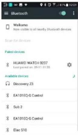 Bluetooth Walkamo Now visible to all nearby Bluetooth devices Scan for devices Paired devices HUAWEI WATCH 0237 Last paired on: 09:11:31:35 Available devices Discovery 23 EA101EQ-G Control Sub 2 EA101EQ-G Control Elac S10
