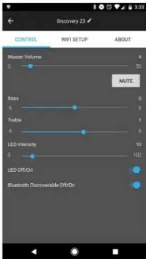 Discovery Z3 CONTROL WIFI SETUP ABOUT Master Volume 8 50 MUTE Ross 0 4 6 Treble 1 6 6 LED Intensity 10 6 100 LED Off/On 100 Bluetooth Discoverable Off/On