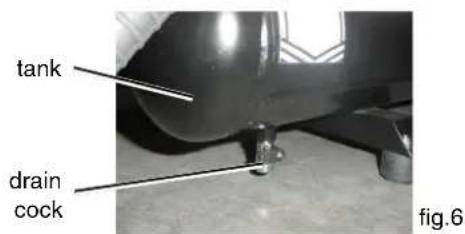 HiKOKI EC2510E - WARNING: Risk of bursting. When the tank gets corroded, there is a risk of breakdown. Water will condense in the air tank. If not drained, water will corrode and weaken the air tank causing a risk of air tank rupture. Drain tank daily or after 4 hours of use. The drain contains moisture in the air, abrasion particles, rust, etc. To drain tank open valve slowly and tilt compressor to empty accumulated water. Keep face and eyes away from drain cock. - 1