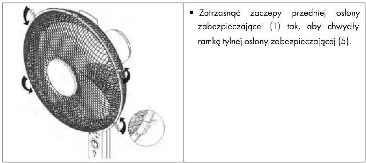 Zatrzasnąć zaczepy przedniej ostony zabezpieczającej (1) tak, aby chwyciły ramkę tylnej ostony zabezpieczającej (5).