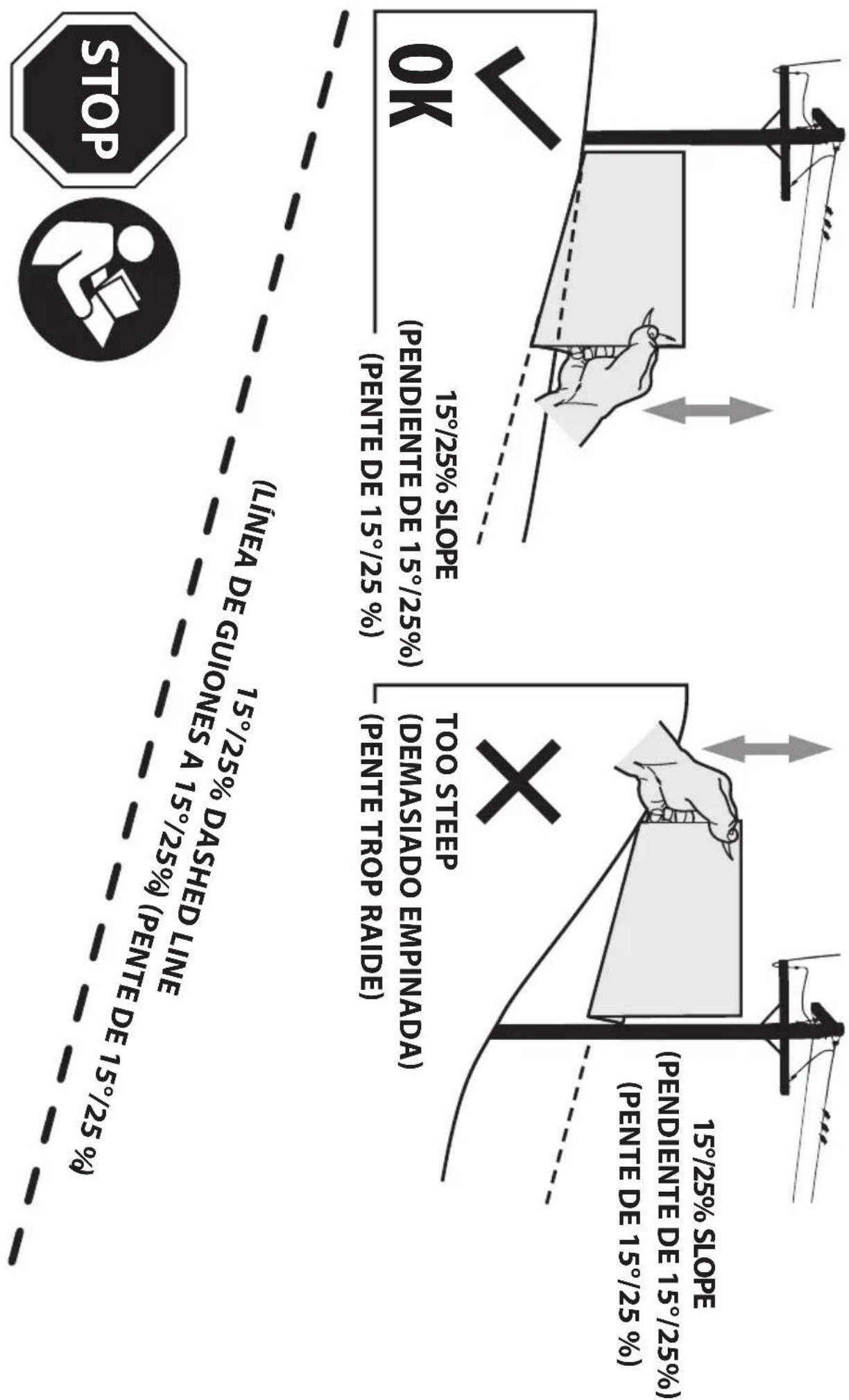 15°/25% SLOPE (PENDIENTE DE 15°/25%) (PENTE DE 15°/25 %) 15°/25% SLOPE (PENDIENTE DE 15°/25%) (PENTE DE 15°/25 %) TOO STEEP (DEMASIADO EMPINADA) (PENTE TROP RAIDE) 15°/25% DASHED LINE (LÍNEA DE GUIONES A 15°/25% ) (PENTE DE 15°/25 %) STOP