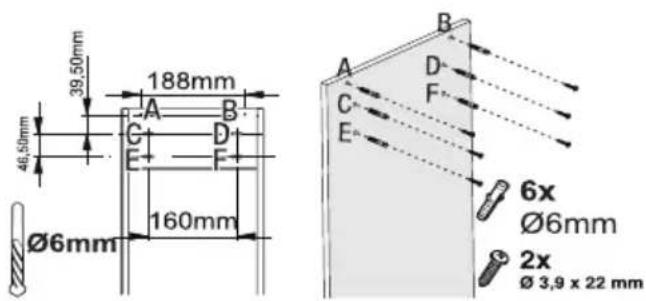 39,50mm 188mm 46,50mm Ø6mm 160mm A B C D E F B A D F E 6x Ø6mm 2x Ø 3,9 x 22 mm