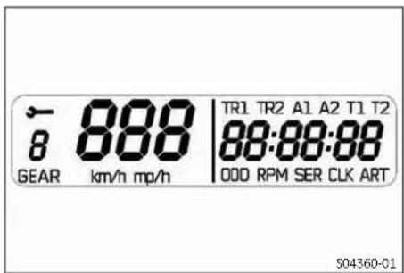 8 888 TR1 TR2 A1 A2 T1 T2 GEAR km/h mp/h 88:88:88 000 RPM SER CLK ART S04360-01