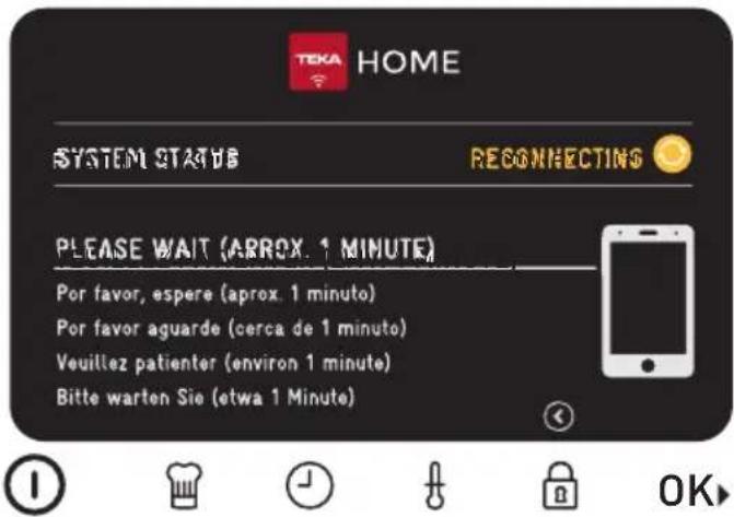TEKA HOME SYSTEM STATUS RECONNECTING PLEASE WAIT (ARROX. 1 MINUTE) Por favor, espere (aprox. 1 minuto) Por favor aguarde (cerca de 1 minuto) Veuillez patienter (environ 1 minute) Bitte warten Sie (etwa 1 Minute)