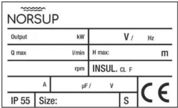 NORSUP Output kW V / Hz Q max l/min H max: m rpm INSUL. CL F A μF / V CE IP 55 Size: S