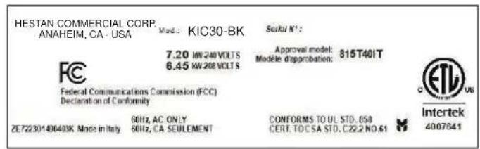 Hestan KIC36-BK - PLAQUE SIGNALÉTIQUE - 1
