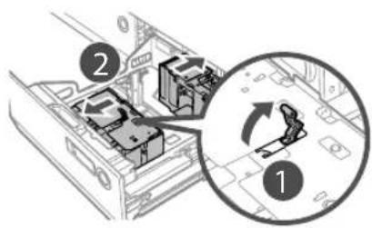CANON imagePRESS C8000VP - Squeeze the lever on the paper holder plate as shown below. Without releasing the lever, slide the paper holder plate until it does not catch on the paper to set. - 1