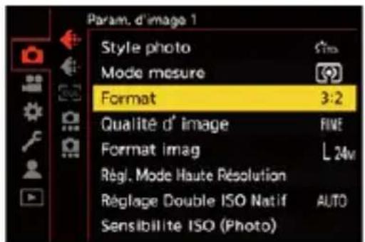 Param. d'image 1 Style photo Mode mesure Format 3:2 Qualité d' image Format imag Régé. Mode Haute Résolution Réglage Double ISO Natif AUTO Sensibilité ISO (Photo)