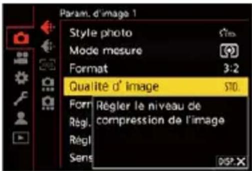 Param. d'image 1 Style photo Mode mesure Format 3:2 Qualité d' image STO. Form Régler le niveau de Régl. compression de l'image Régl Sens DSP X