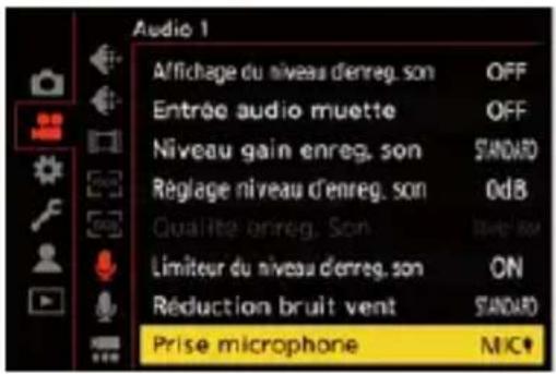 Audio 1 Affichage du niveau d'enreg, son OFF Entrée audio muette OFF Niveau gain enreg, son STANDARD Réglage niveau d'enreg, son 0dB Qualité anreg, Son level av Limiteur du niveau d'enreg, son ON Réduction bruit vent STANDARD Prise microphone MIC