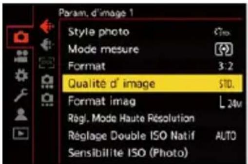 Param. d'image 1 Style photo Mode mesure Format 3:2 Qualité d' image STD. Format imag L 24m Règl. Mode Haute Résolution Réglage Double ISO Natif AUTO Sensibilité ISO (Photo)