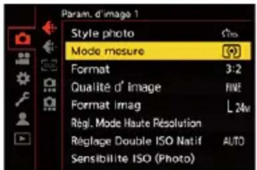 Param. d'image 1 Style photo Mode mesure Format 3:2 Qualité d' image FINE Format imag L 24m Régl. Mode Haute Résolution Réglage Double ISO Natif AUTO Sensibilité ISO (Photo)