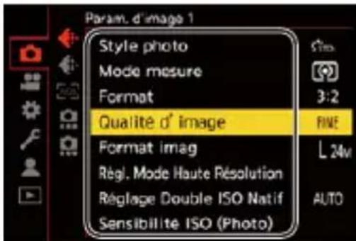 Param. d'image 1 Style photo Mode mesure Format Qualité d' image Format imag Régé. Mode Haute Résolution Réglage Double ISO Natif Sensibilité ISO (Photo) FINE L 24m AUTO