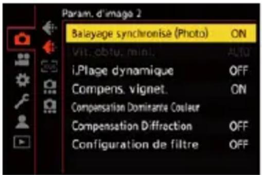 Param. d'image 2 Balayage synchronisé (Photo) ON Vit. obtu. mini. AUTO iPlage dynamique OFF Compens. vignet. ON Compensation Dominante Couleur Compensation Diffraction OFF Configuration de filtre OFF