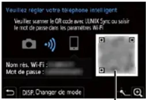Veuillez régler votre téléphone intelligent Veuillez scanner le QR code avec LUMIX Sync ou saisir le mot de passe dans les paramètres Wi-Fi Nom rés. Wi-Fi : Mot de passe :