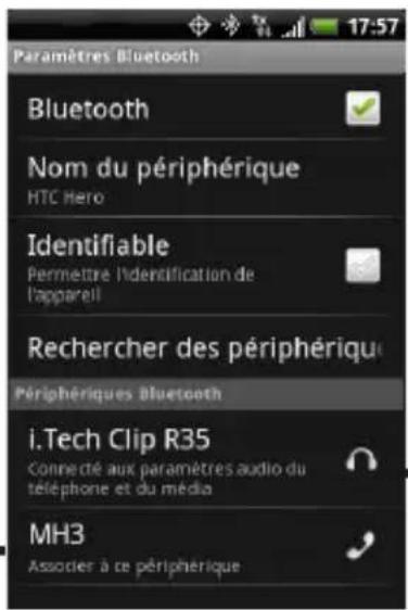 Paramètres Bluetooth Bluetooth Nom du périphérique HTC Hero Identifiable Permettre l'identification de l'appareil Rechercher des périphériqu Périphériques Bluetooth i.Tech Clip R35 Connecté aux paramètres audio du téléphone et du média MH3 Associer à ce périphérique