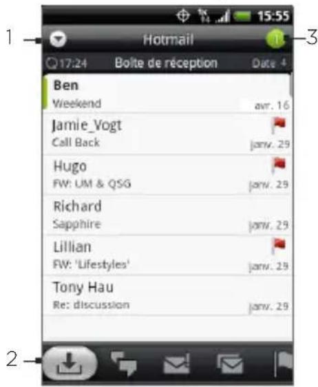 1 Hotmail 17:24 Bolte de réception Date 4 Ben Weekend avr. 16 Jamie_Vogt Call Back janv. 29 Hugo FW: UM & QSG janv. 29 Richard Sapphire janv. 29 Lillian FW: 'Lifestyles' janv. 29 Tony Hau Re: discussion janv. 29