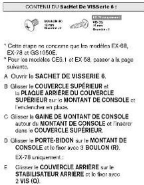 CONTENIU DU SACHET De VISserie 6 : * Cette stage ne concerne que les modèles EX-88, EX-78 et GS1050E. * Pour les modèles CE3.1 et EX-68, passer à la page suiviants. A Ouvir le SACHET DE VISSERIE 6. B Glisser le COUVERCLE SUPÉRIERE et a PLAQUE ARRIÈRE DU COUVERCLE SUPÉRIERE sur le MONTANT DE CONSOLE…