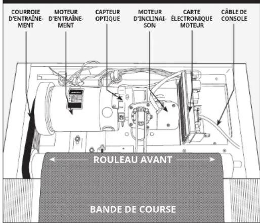 COURROIE D'ENTRAÎNE- MENT MOTEUR D'ENTRAÎNE- MENT CAPTEUR OPTIQUE MOTEUR D'INCLINAI- SON CARTE ÉLECTRONIQUE MOTEUR CÂBLE DE CONSOLE ROULEAU AVANT BANDE DE COURSE