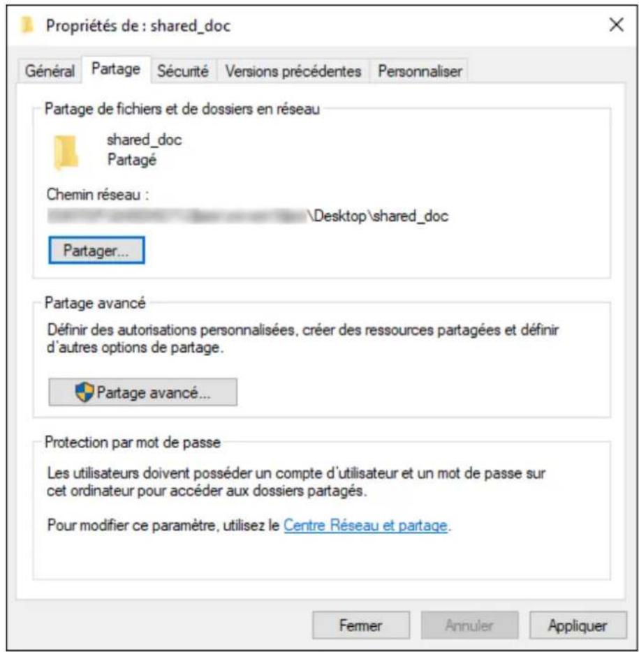 Propriétés de : shared_doc Général Partage Sécurité Versions précédentes Personnaliser Partage de fichiers et de dossiers en réseau shared_doc Partagé Chemin réseau : Desktop\shared_doc Partager... Partage avancé Définir des autorisations personnalisées, créer des ressources partagées et définir d'autres options de partage. Partage avancé... Protection par mot de passe Les utilisateurs doivent posséder un compte d'utilisateur et un mot de passe sur cet ordinateur pour accéder aux dossiers partagés. Pour modifier ce paramètre, utilisez le Centre Réseau et partage. Fermer Annuler Appliquer