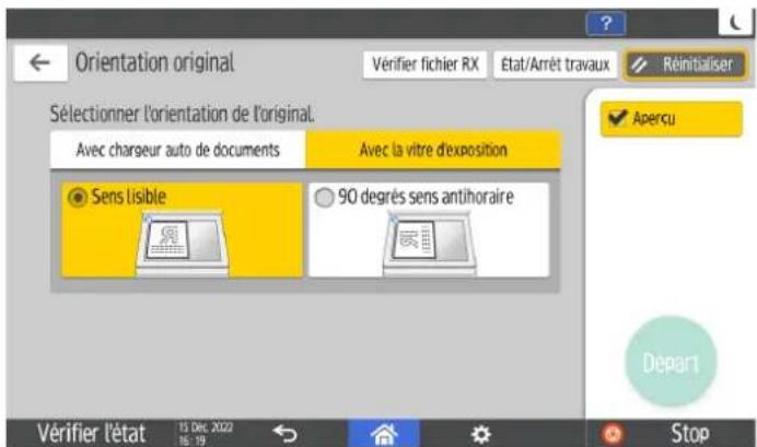 Orientation original Vérifier fichier RX État/Arrêt travaux Réinitialiser Sélectionner l'orientation de l'original. Avec chargeur auto de documents Avec la vitre d'exposition Sens lisible 90 degrés sens antihoraire Apercu Départ Vérifier l'état 15 Dec 2022 56:19 Stop