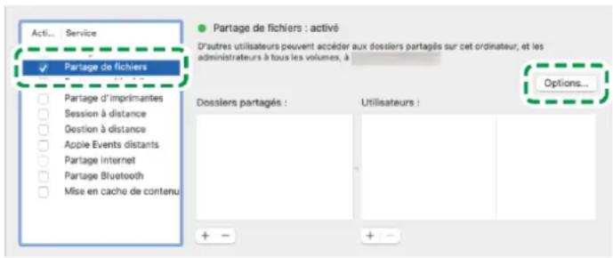 Acti... Service ✓ Partage de fichiers Partage d'imprimantes Session à distance Gestion à distance Apple Events distants Partage Internet Partage Bluetooth Mise en cache de contenu ● Partage de fichiers : activé D'autres utilisateurs peuvent accéder aux dossiers partagés sur cet ordinateur, et les administrateurs à tous les volumes, à Options... Dossiers partagés : Utilisateurs : + - + -