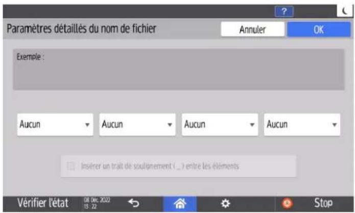 Paramètres détaillés du nom de fichier Annuler OK Exemple : Aucun Aucun Aucun Aucun Insérer un trait de soulignement (_) entre les éléments Vérifier l'état DE DME 2022 13:22 Stop