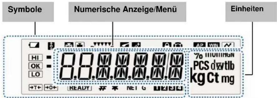 Symbole Numerische Anzeige/Menu Einheiten HI OK LO +T+ +0+ READY NET G %1000000 PCS dwtlb kg Ct mg