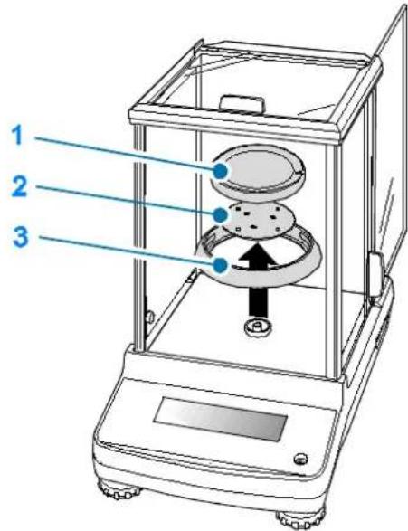 Diagram of a laboratory balance with labeled parts, showing internal components and directional arrow