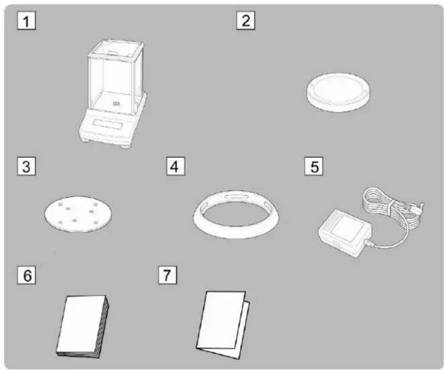 Diagram showing seven labeled items of a smart appliance, including a balance scale, circular components, ring, and sensors.