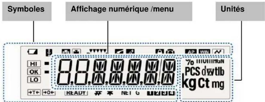 Symboles Affichage numérique /menu Unités HI OK LO +T+ →O+ READY ≠ ≠ NET G 2244 %110111GN PCS dwtlb kg Ct mg