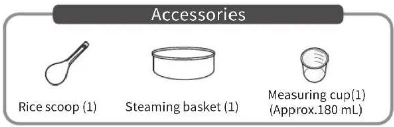 Accessories Rice scoop (1) Steaming basket (1) Measuring cup(1) (Approx.180 mL)