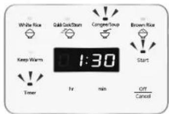 White Rice Quick Cook/Start Cangee/Soup Brown Rice Keep Warm 1:30 Start Timer hr min Off Cancel