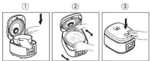 Illustration showing three-step cooking process: open oven, packed dish with lid, and closed oven with lid.