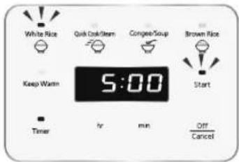 White Rice Quick Drink/Steem Congee/Soup Brown Rice Keep Warm 5:00 Start Timer hr min Off Cancel