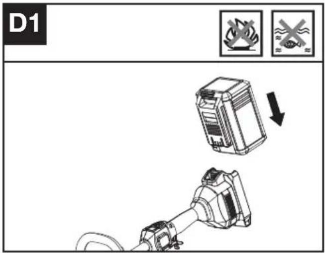 KRESS KC110.9 - Fjerning eller installering av batteripakke (se Fig. D1, D2) - 1