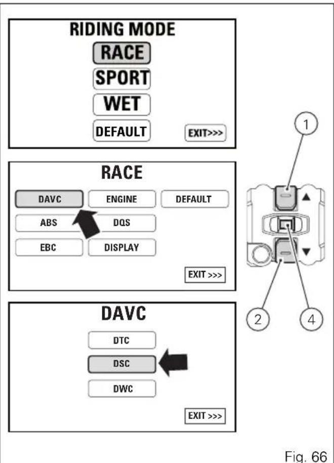 RIDING MODE RACE SPORT WET DEFAULT EXIT>>> RACE DAVC ENGINE DEFAULT ABS DQS EBC DISPLAY EXIT >>> DAVC DTC DSC DWC EXIT >>> Fig. 66