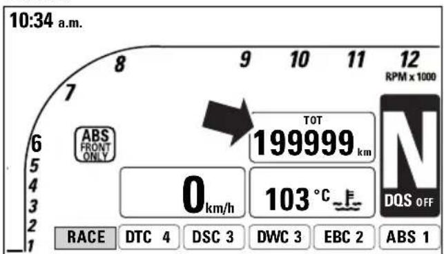 10:34 a.m. 8 9 10 11 12 RPM x 1000 6 ABS FRONT ONLY TOT 199999 km N 0 km/h 103 °C DQS OFF RACE DTC 4 DSC 3 DWC 3 EBC 2 ABS 1