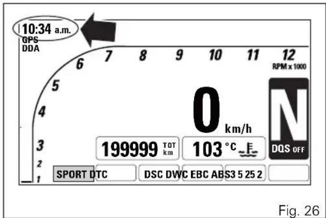 10:34 a.m. GPS DDA 6 7 8 9 10 11 12 RPM x 1000 0 km/h 199999 TOT km 103 °C DQS OFF SPORT DTC DSC DWC EBC ABS3 5 25 2 Fig. 26