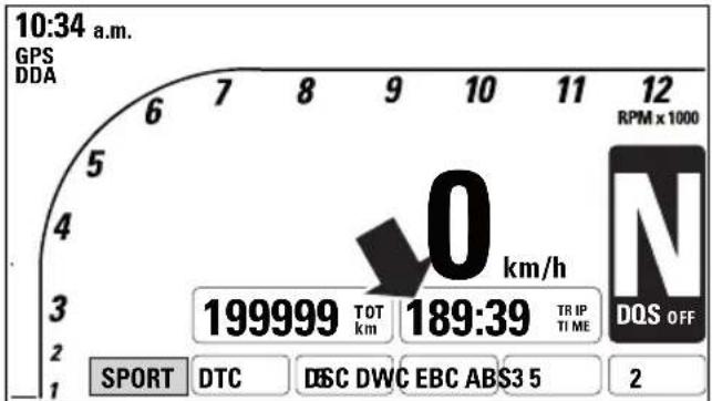 10:34 a.m. GPS DDA 6 7 8 9 10 11 12 RPM x 1000 5 4 3 2 1 0 km/h 199999 TOT km 189:39 TR IP TIME N DQS OFF SPORT DTC DISC DWC EBC ABS3 5 2