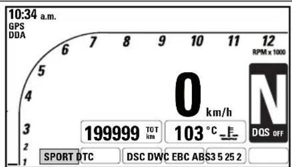 10:34 a.m. GPS DDA 6 7 8 9 10 11 12 RPM x 1000 5 4 3 2 1 0 km/h 199999 TOT km 103 °C E- DOS OFF SPORT DTC DSC DWC EBC ABS3 5 25 2