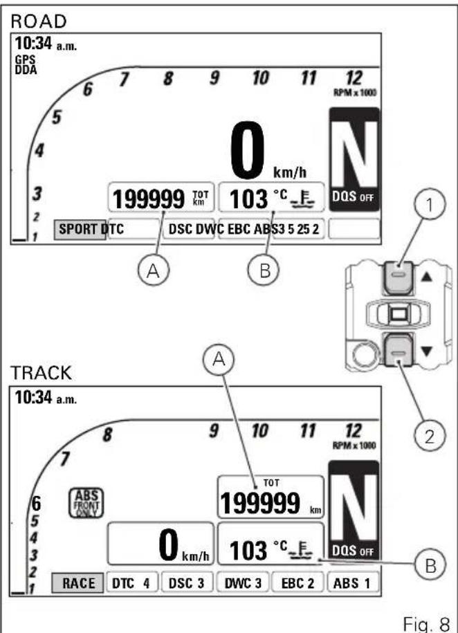 ROAD 10:34 a.m. GPS DDA 6 7 8 9 10 11 12 5 4 3 2 1 5 4 3 2 1 RPM x 1000 0 km/h 199999 TOT km 103 °C DQS OFF SPORT DTC DSC DWC EBC ABS3 5 25 2 A B 1 TRACK 10:34 a.m. ABS FRONT ONLY 7 6 5 4 3 2 1 8 9 10 11 12 TOT 199999 km 0 km/h 103 °C E DQS OFF RACE DTC 4 DSC 3 DWC 3 EBC 2 ABS 1 B Fig. 8
