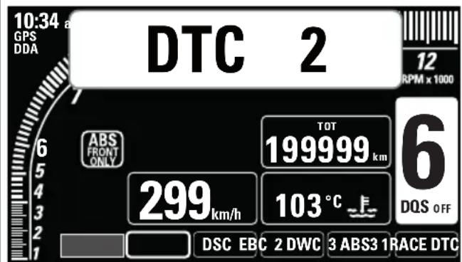 10:34 a GPS DDA DTC 2 12 RPM x 1000 6 ABS FRONT ONLY TOT 199999 km 6 299 km/h 103 °C DQS OFF 1 DSC EBC 2 DWC 3 ABS3 1 RACE DTC