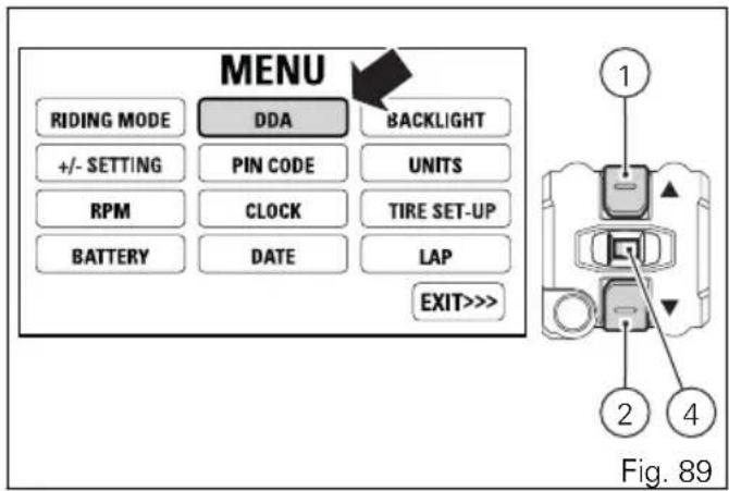 MENU RIDING MODE DDA BACKLIGHT +/- SETTING PIN CODE UNITS RPM CLOCK TIRE SET-UP BATTERY DATE LAP EXIT>>> Fig. 89