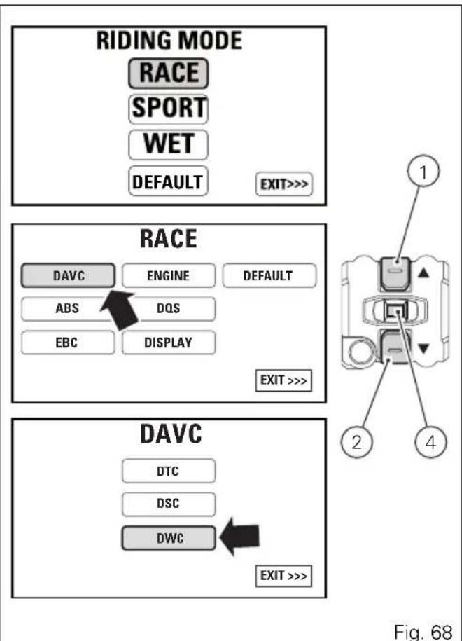 RIDING MODE RACE SPORT WET DEFAULT EXIT>>> RACE DAVC ENGINE DEFAULT ABS DQS EBC DISPLAY EXIT >>> DAVC DTC DSC DWC EXIT >> Fig. 68