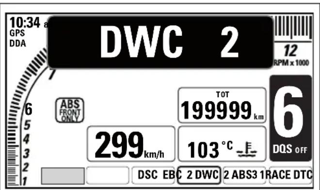 10:34 a GPS DDA DWC 2 12 RPM x 1000 6 ABS FRONT ONLY TOT 199999 km 299 km/h 103 °C 6 DQS OFF DSC EBC 2 DWC 2 ABS3 1 RACE DTC