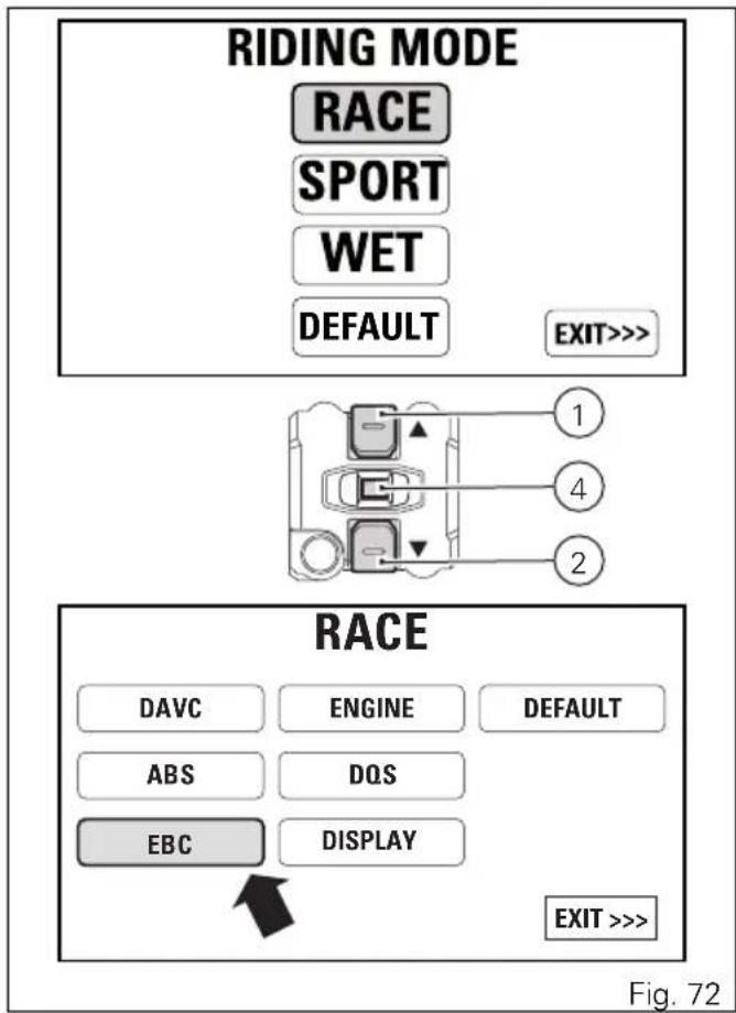 RIDING MODE RACE SPORT WET DEFAULT EXIT>>> 1 4 2 RACE DAVC ENGINE DEFAULT ABS DOS EBC DISPLAY EXIT >>> Fig. 72